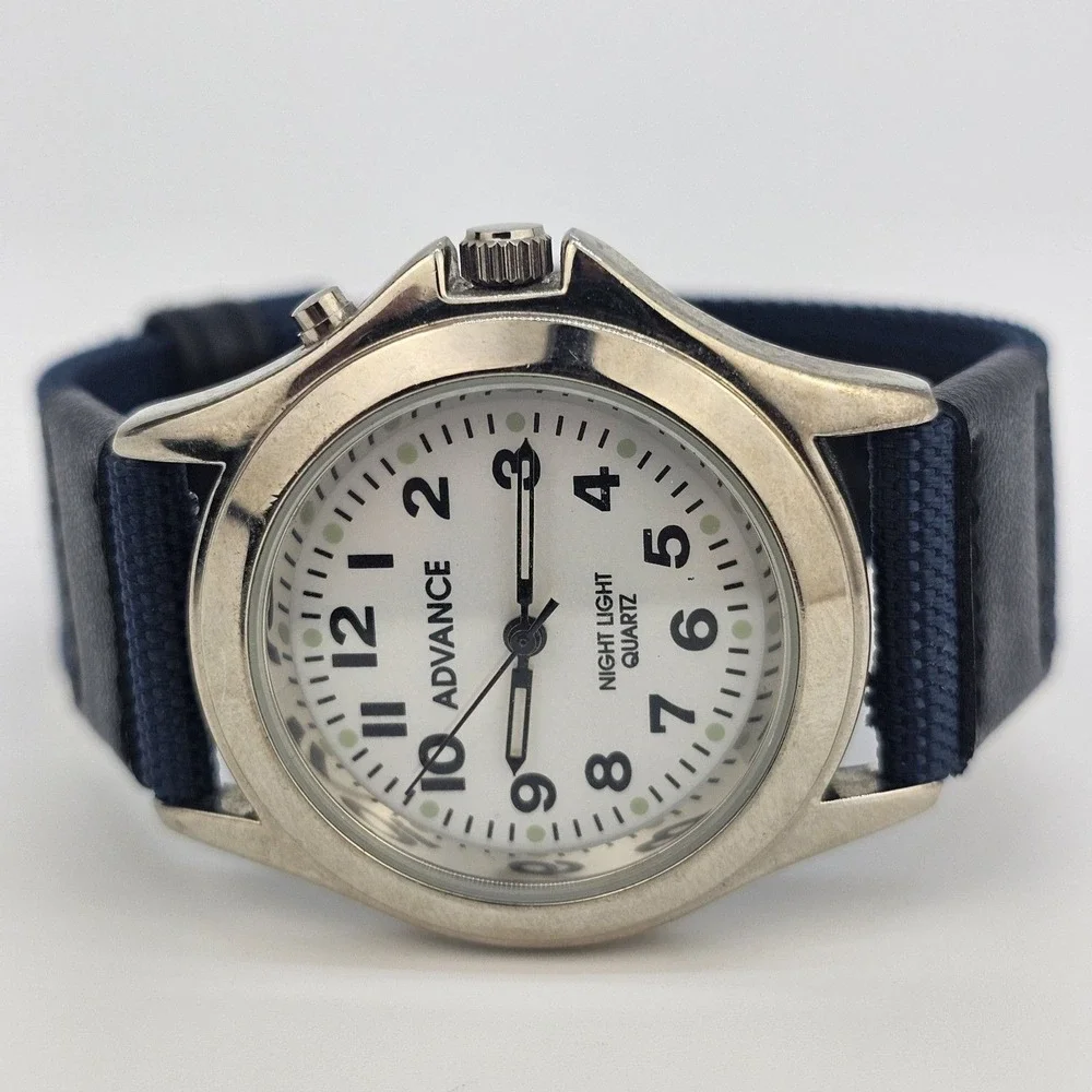 Advance Men Watch 40MM White Dial Blue Canvas Bands NewBattery LIGHT NOT WORKING